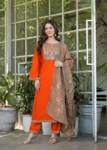 Pure Dola Silk Handwork Suit- Orange
