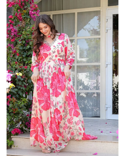 Pure Chinnon Floor Length Ivory Gown With Dupatta