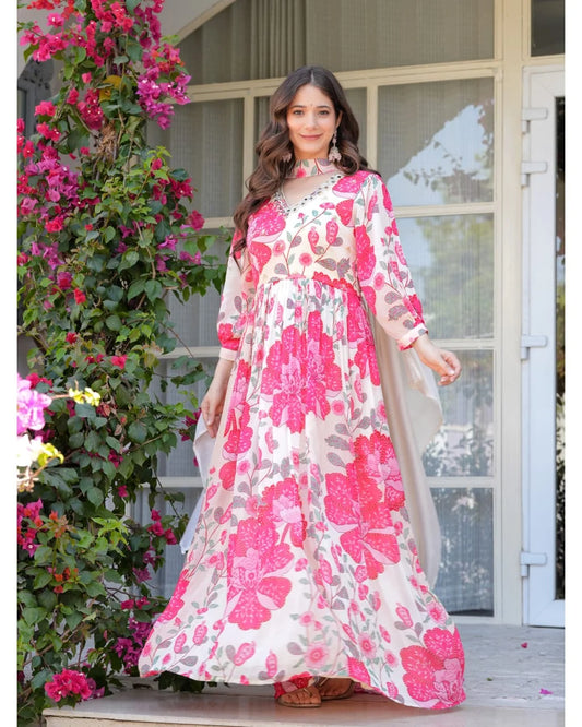 Pure Chinnon Floor Length Ivory Gown With Dupatta