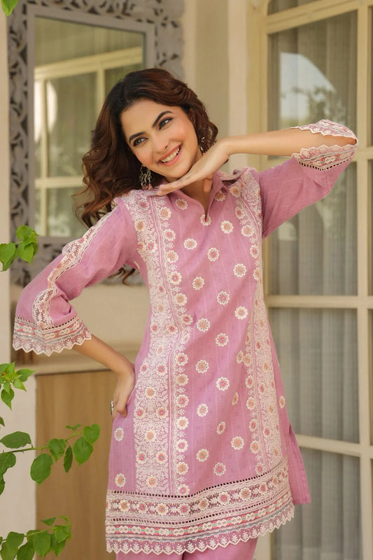 Premium Embroidery Cotton Coords-Lilac