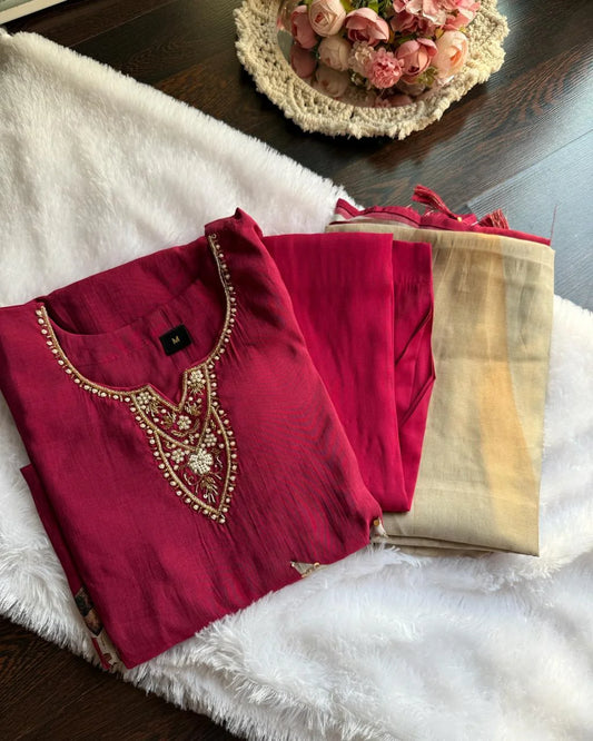 Butter Muslin Handwork Suit-WINE