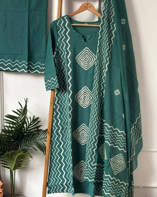Cotton Handwork Straight Fit -TEAL BLUE