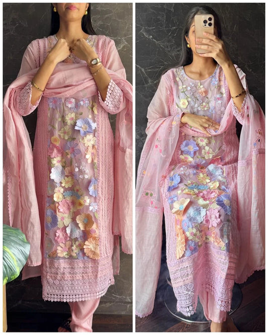 Premium 3d flower Linen Suit- Peach