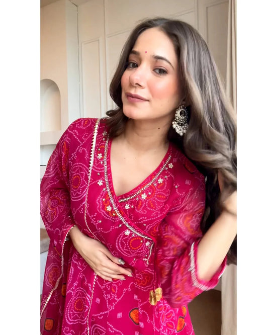 Teej Special Pure chiffon Bandhej Anarkali