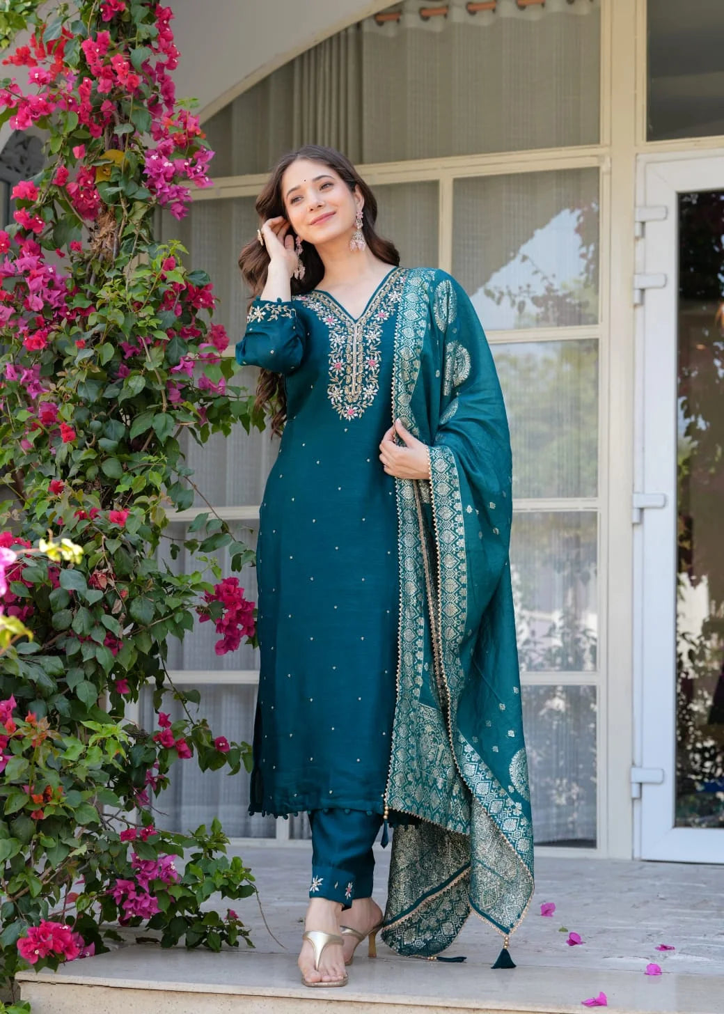Premium Dola Silk Suit-Rama Green