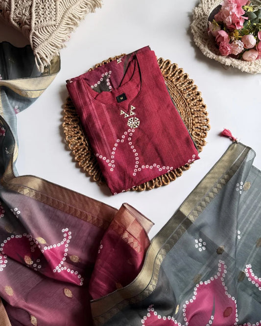 Cotton Muslin Suit With Bandhej Dupatta – Reddish
