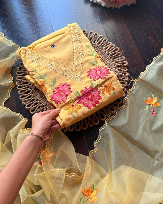 Roman Silk Sciffli Detailed Suit – Light Yellow