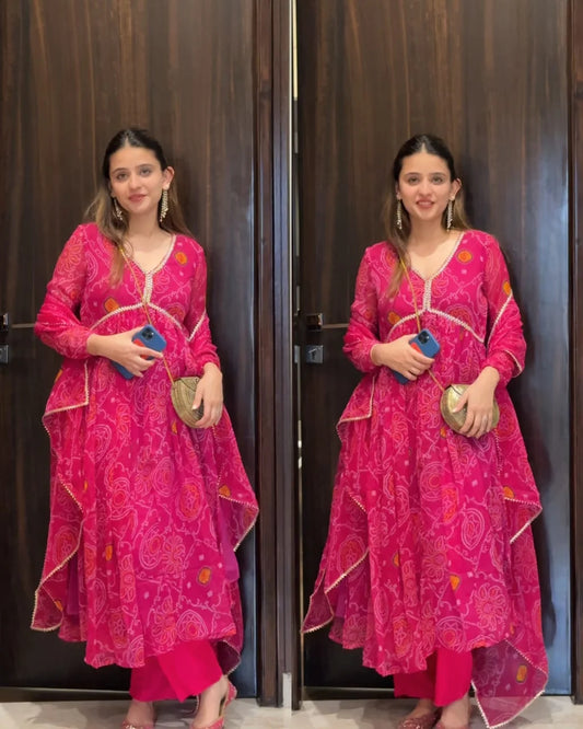 Premium Chiffon Alia Cut Bandhej Suit
