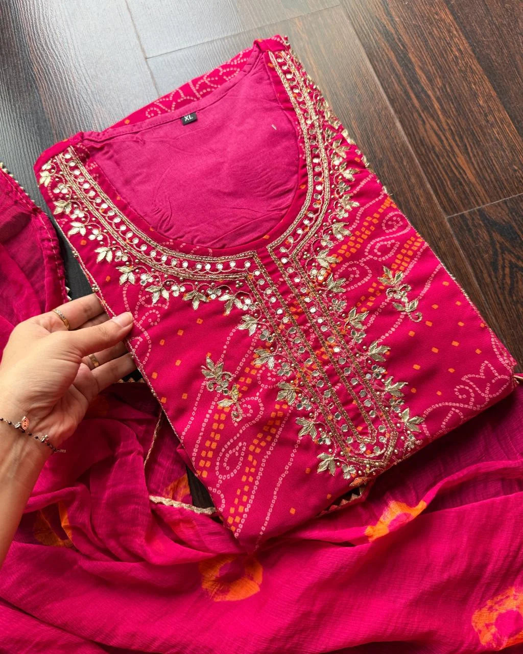 Premium Chiffon Bandhej Fit – Red