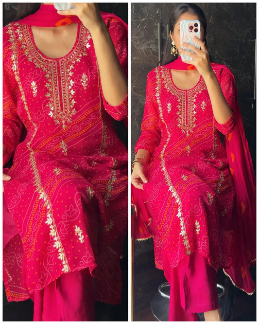 Premium Chiffon Bandhej Fit – Red
