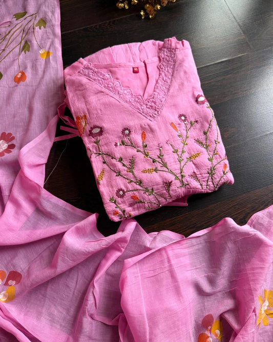 Mul Cotton Embroidered Suit- Pink