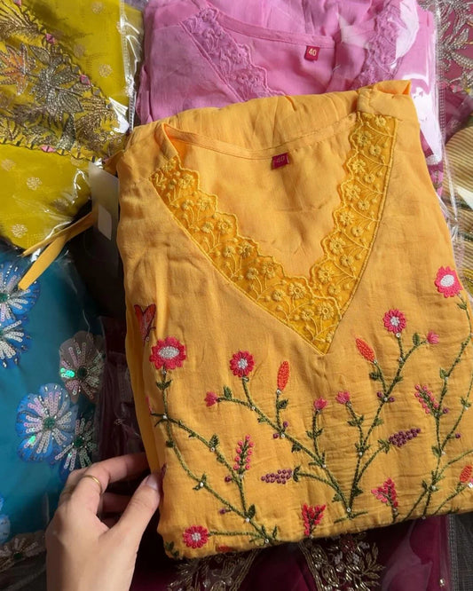 Mul Cotton Embroidered Suit – Mango Yellow