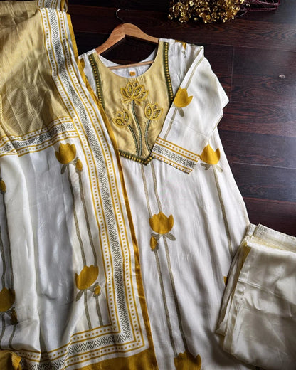 Premium Russian Silk Hand work Suit -Ivory