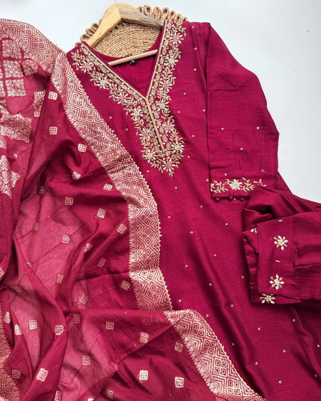 Premium Dola Silk Hand work Suit -Wine