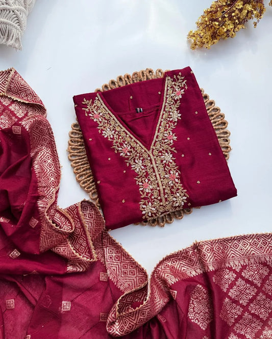 Premium Dola Silk Hand work Suit -Wine