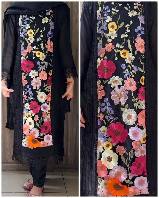 Black 3D Flower linen Suit –