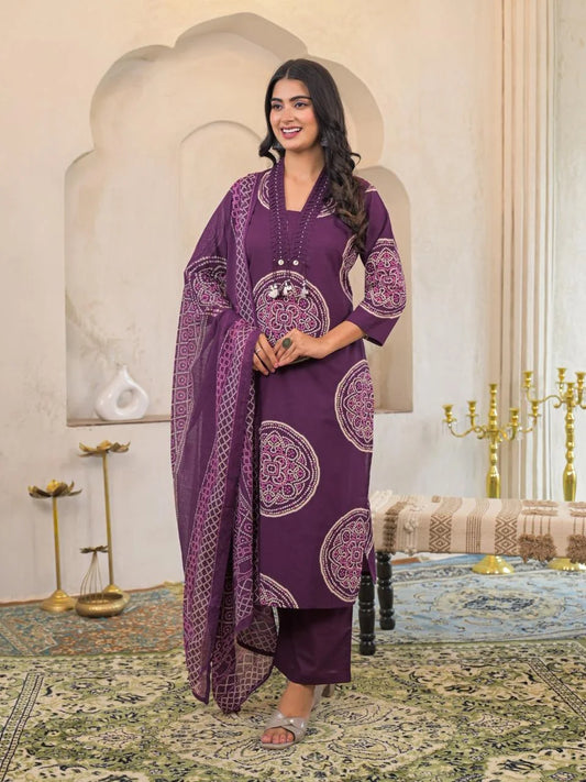 Pure Cotton Bandhej Suit -Wine
