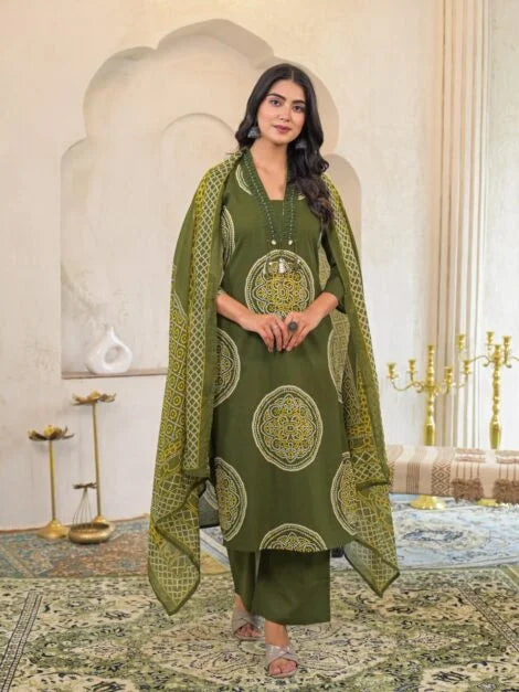 Pure Cotton Bandhej suit – Olive Green