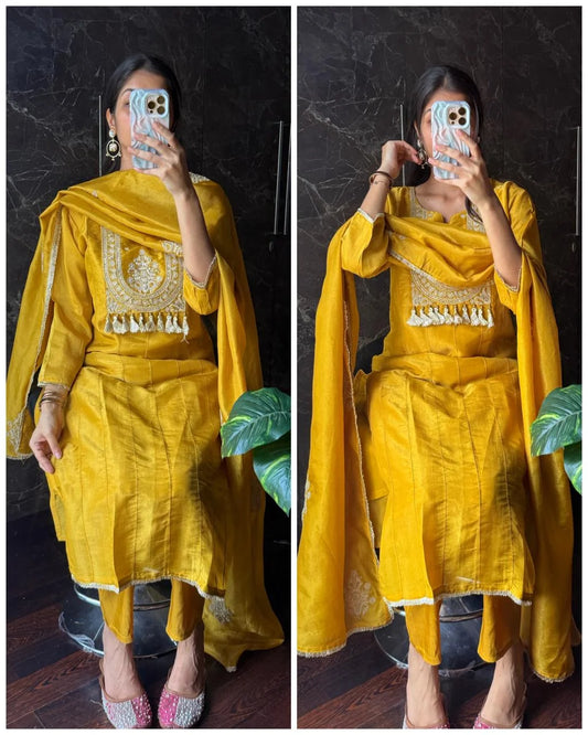 Premium Shimmer Tissue Suit-MUSTARD