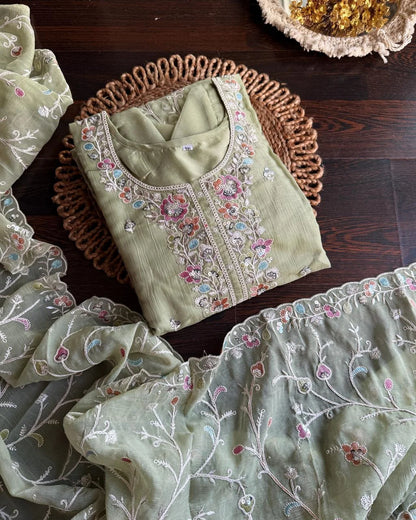 Premium shimmer Organza Embroidery Suit -Pista Green