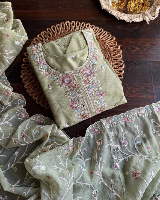 Premium shimmer Organza Embroidery Suit -Pista Green