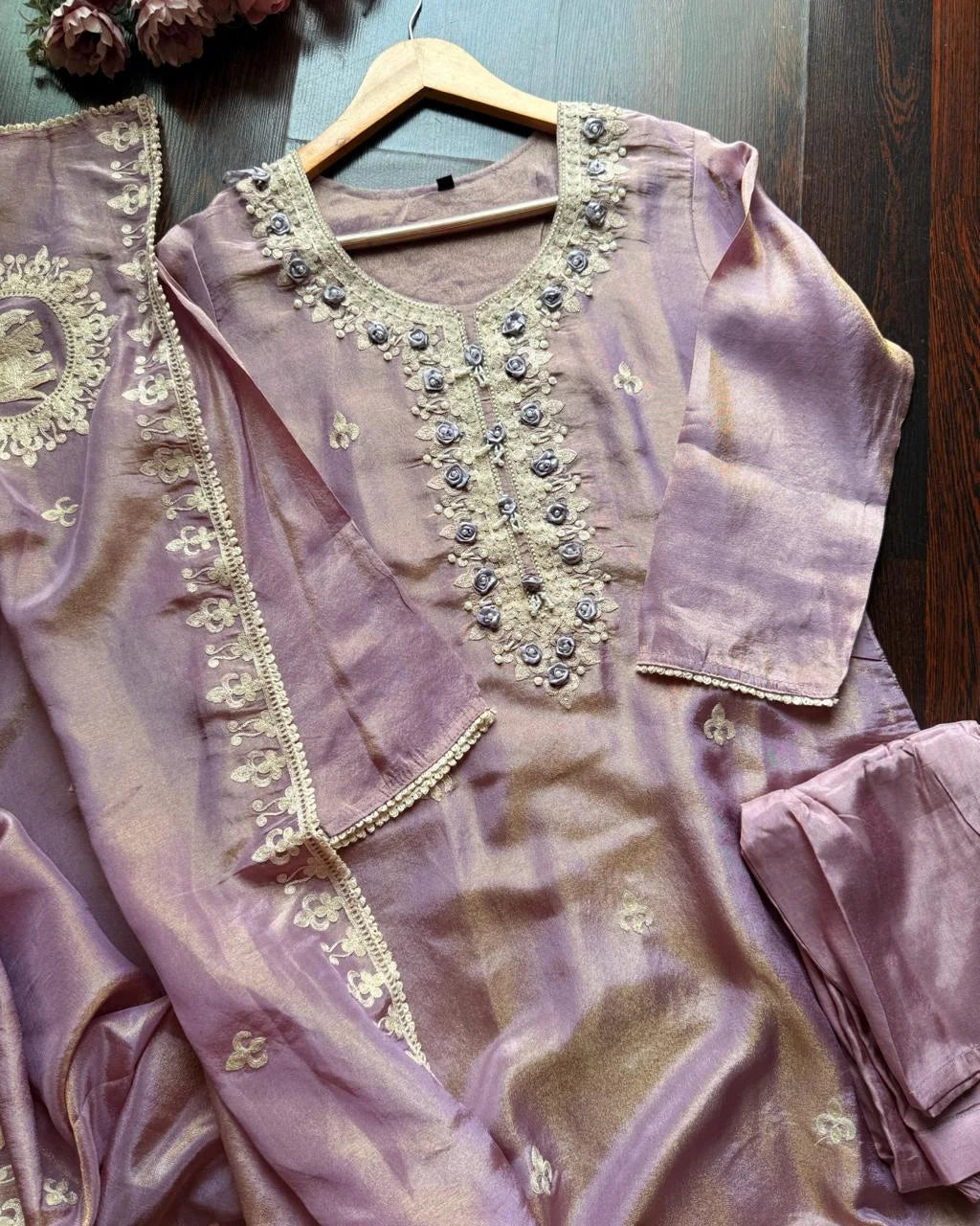 Premium Glass Tissue Embroidered Suit – lavender
