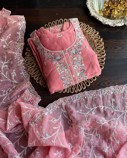 Premium Shimmer Organza Embroidery Suit -Peach