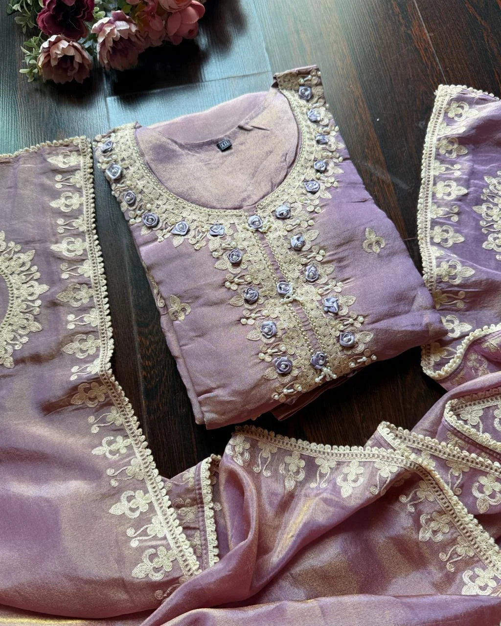 Premium Glass Tissue Embroidered Suit – lavender