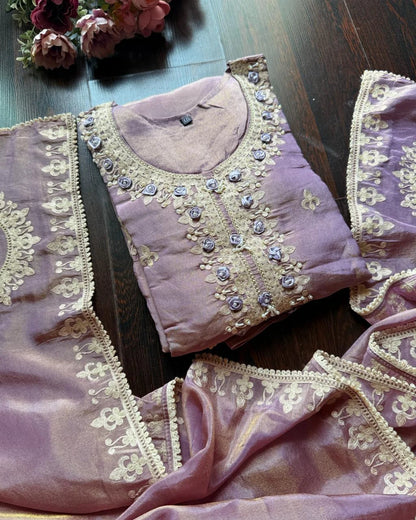 Premium Glass Tissue Embroidered Suit – lavender