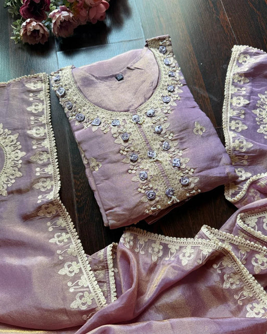 Premium Glass Tissue Embroidered Suit – lavender