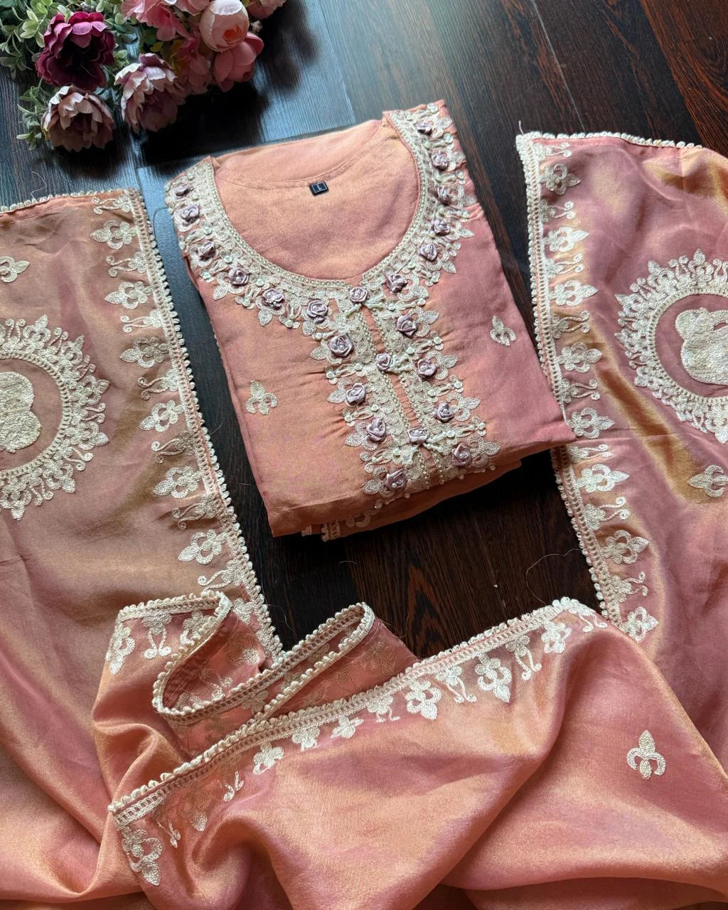 Premium Glass Tissue Embroidered Suit – Peach