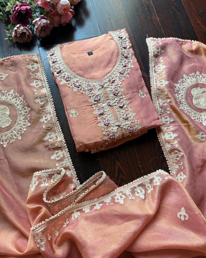 Premium Glass Tissue Embroidered Suit – Peach