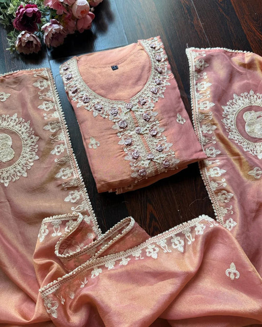 Premium Glass Tissue Embroidered Suit – Peach