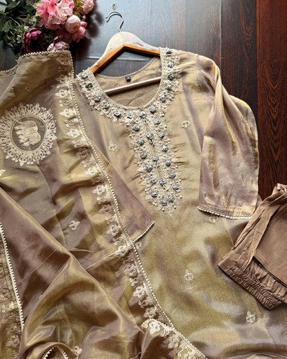 Premium Glass Tissue Embroidered Suit -Golden Brown