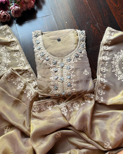Premium Glass Tissue Embroidered Suit -Golden Brown