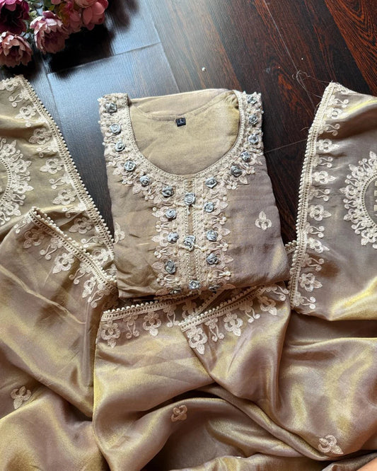 Premium Glass Tissue Embroidered Suit -Golden Brown