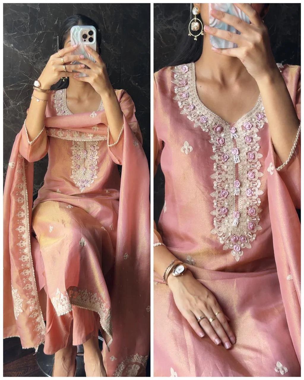 Premium Glass Tissue Embroidered Suit – Peach