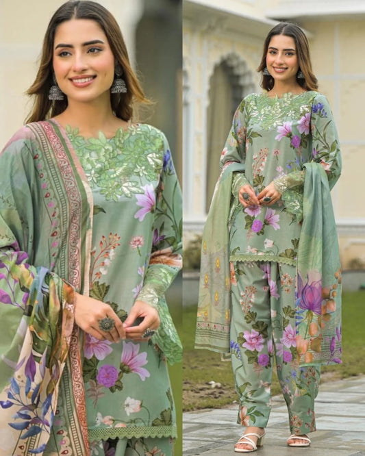 Farsi Salwaar Slub Cotton Suit – Green