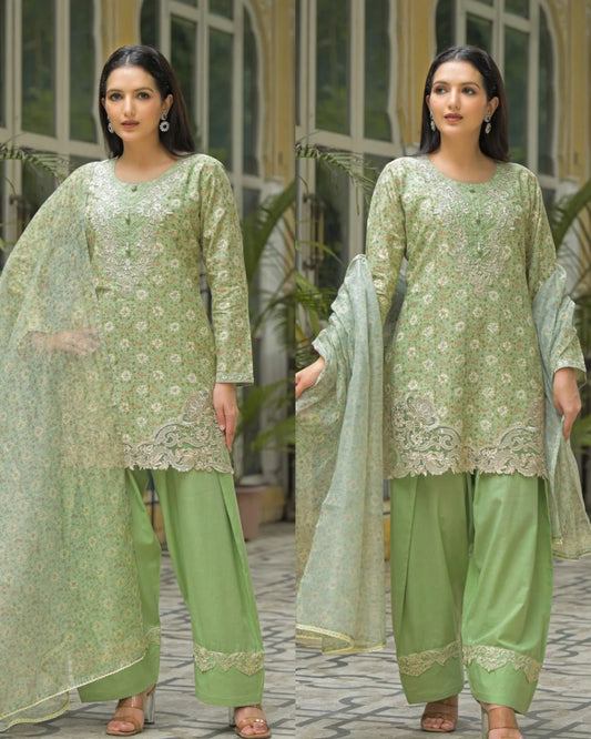 Pure Cotton Farsi Embroidered salwaar- Pista green