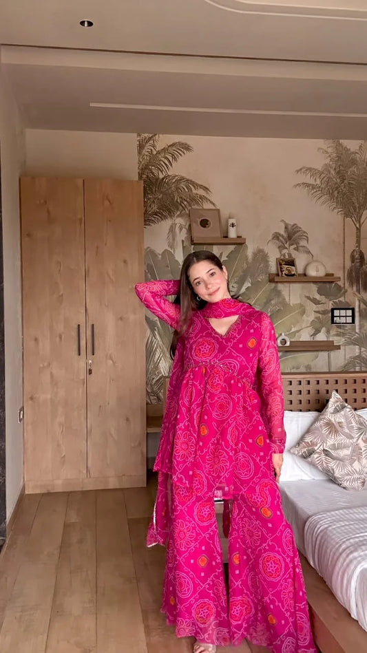 Pure Chiffon Bandhej Sharara Set with Hand Work