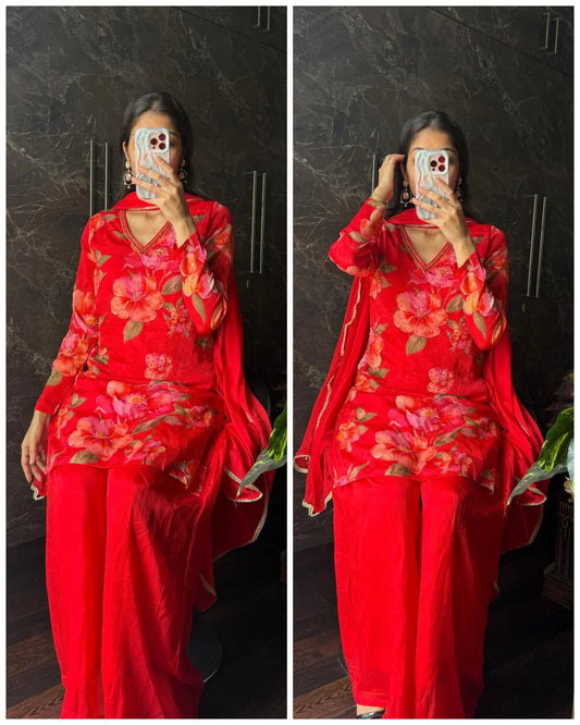 Pure Crepe Hand work Short Kurta set -Red