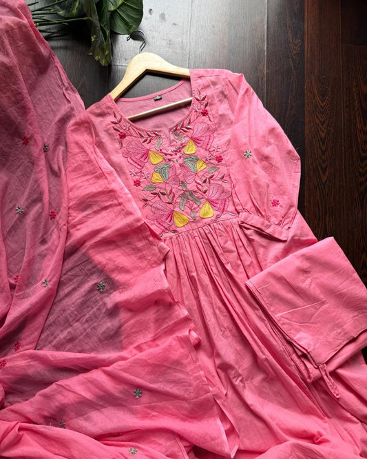 Mul Cotton Embroidered set -Pink