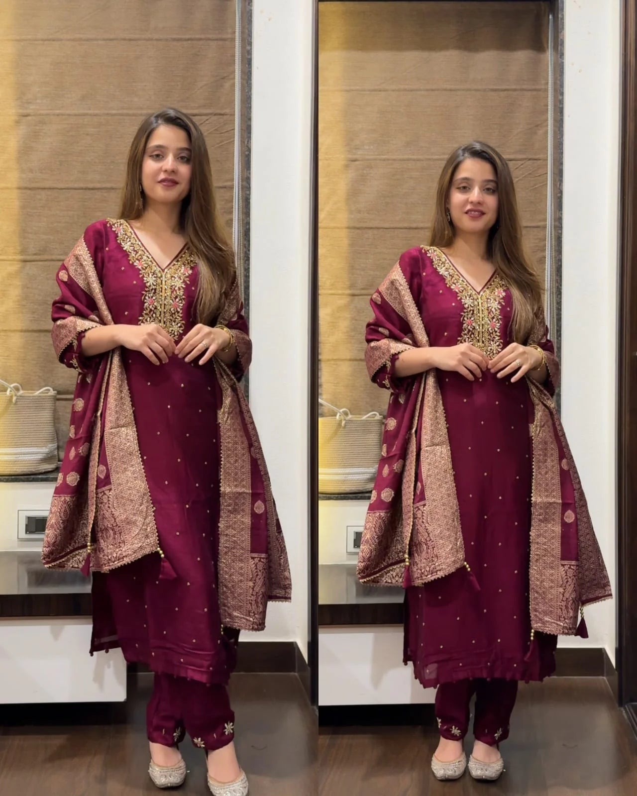 Premium Dola Silk Hand work Suit -Wine