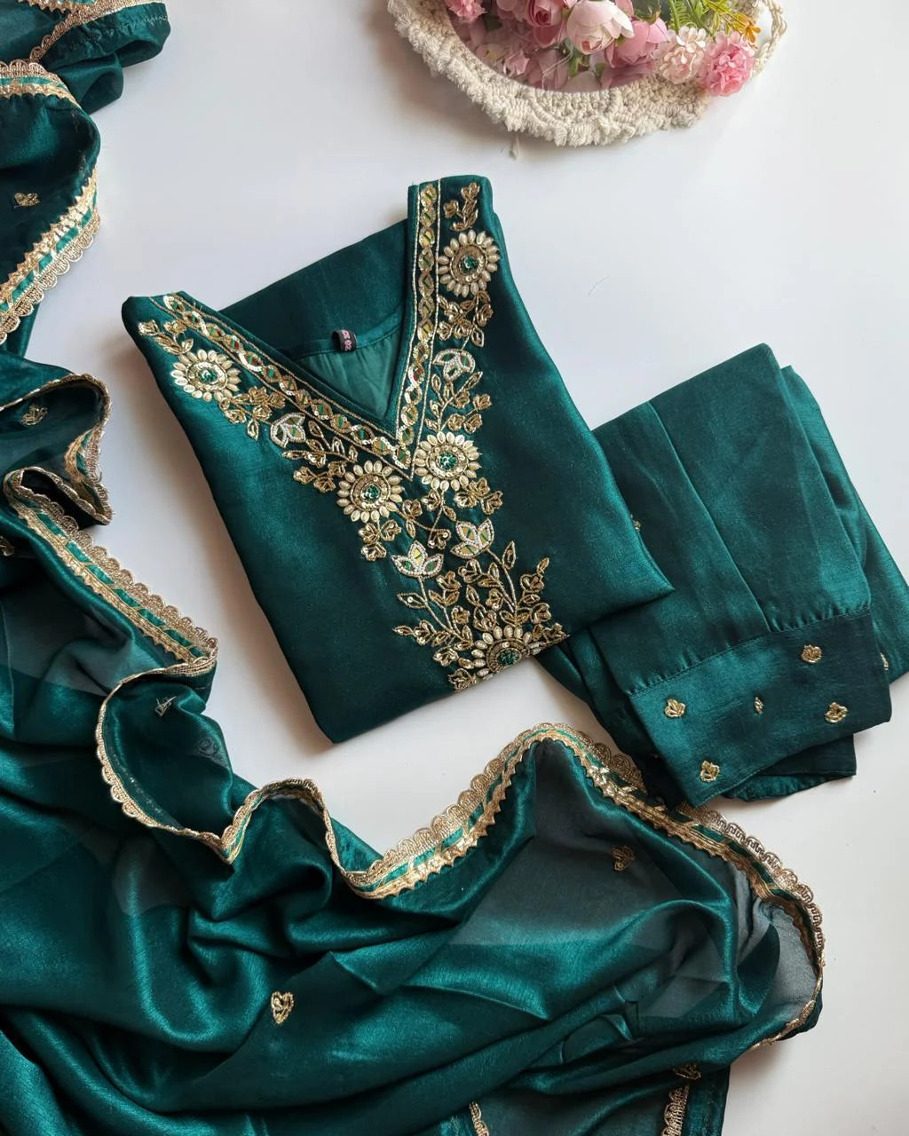 Premium Dola Silk Hand work Suit – Rama Green