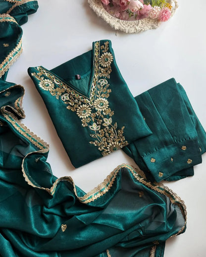 Premium Dola Silk Hand work Suit – Rama Green