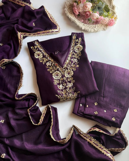 Premium Dola Silk Hand Work Suit – Dark Purple