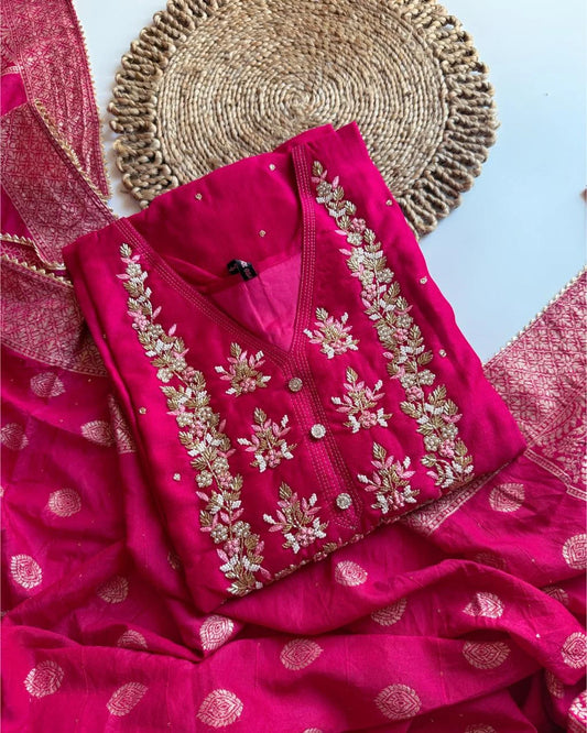 Pure Dola Silk Hand Work Suit -Magenta