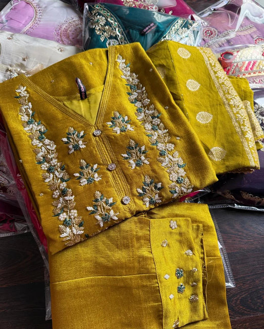 Pure Dola Silk Hand Work Suit – Golden Mustard
