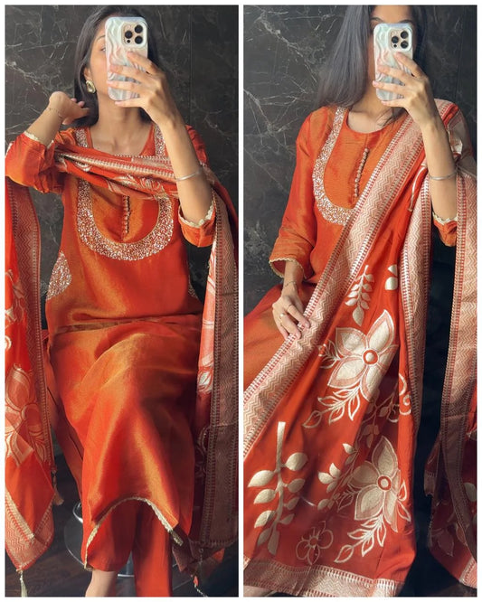 Premium Shimmer Tissue Pocket Fit Suit-Rust Orange