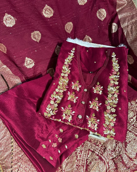 Premium Cherry Wine Hand Work Dola Silk Suit